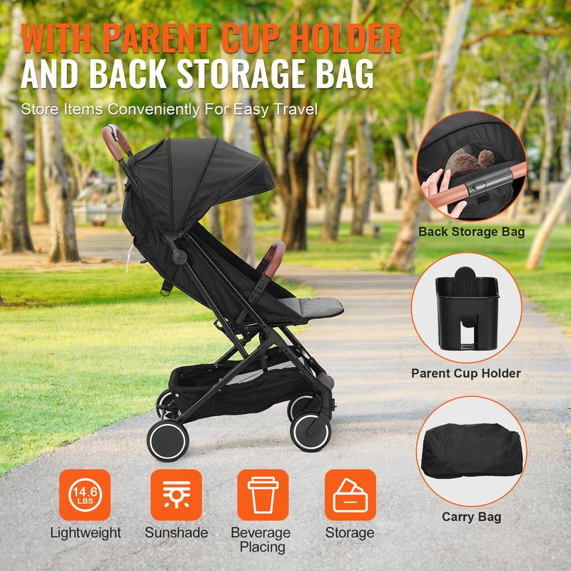 VEVOR Standard Baby Infant Stroller, Toddler Stroller with 95°-150° Adjustable Backrest & & 0/90°Adjustable Footrest & One-Click Folding, Newborn Stroller with Cup Holder and Carry Bag, Black