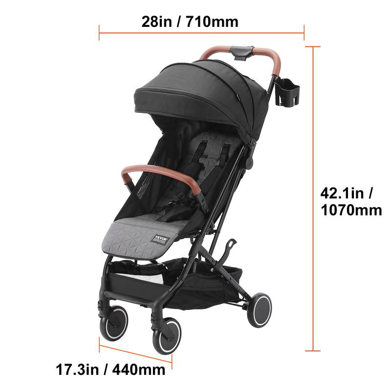 VEVOR Standard Baby Infant Stroller, Toddler Stroller with 95°-150° Adjustable Backrest & & 0/90°Adjustable Footrest & One-Click Folding, Newborn Stroller with Cup Holder and Carry Bag, Black