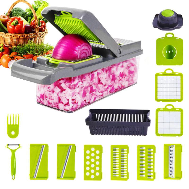 Multifunctional 16 in 1 Food Chopper, 1 Set Manual Vegetable Cutter with Container, Household Vegetable Cutting Slicer, Kitchen Gadgets, Kitchen Accessories, Vegetable Fruit Cutter, Durable Vegetable Slicer,New Deal