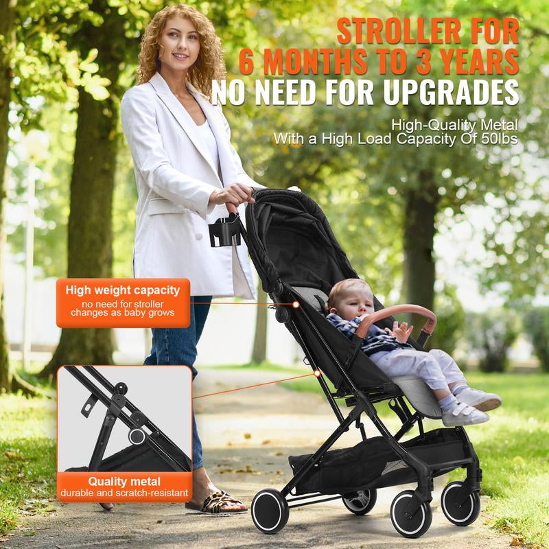 VEVOR Standard Baby Infant Stroller, Toddler Stroller with 95°-150° Adjustable Backrest & & 0/90°Adjustable Footrest & One-Click Folding, Newborn Stroller with Cup Holder and Carry Bag, Black
